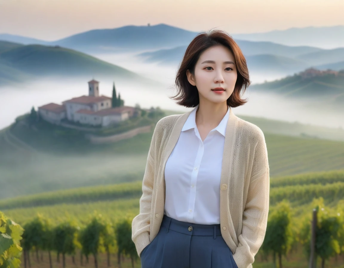k Best picture quality, Beautiful 36-year-old Korean woman, short and good weather. Chest size 34 inches, dense fog at dawn in the italian countryside, Past the vineyards, a cathedral can be seen through the fog on a hill in the distance., Back background realistic and vivid image quality, Short and medium hair blowing in the wind, Wearing comfortable travel clothes, casual pants and a cardigan., Faint smile. The background is clear, Short and slim Korean woman, Standing in the distance, photographed with a wide-angle lens