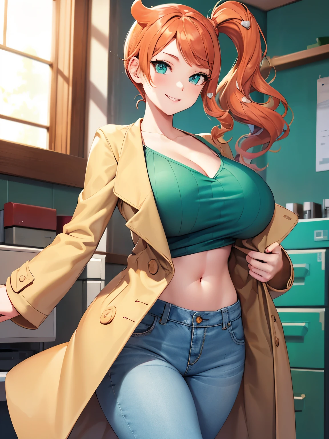 sonia, side ponytail, cowboy shot, 1girl, solo, collarbone, (green top), microtop, aqua eyes, orange hair, heart hair ornament, looking at viewer, smile, solo, long hair, brown coat, research lab, light smile, cleavage, jeans, huge breasts