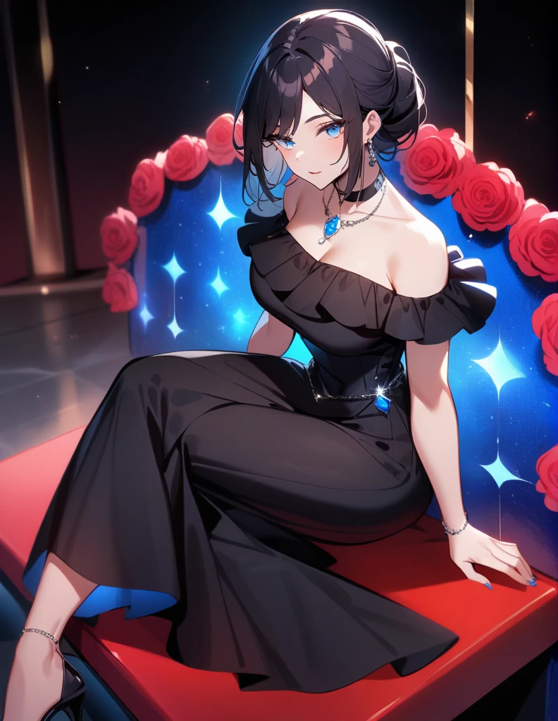 Greek milf woman, wearing a beautiful long black dress, short black hair, with luminous blue eyes, wearing a choker with a blue jewel, sitting on a marble bench in a large red garden