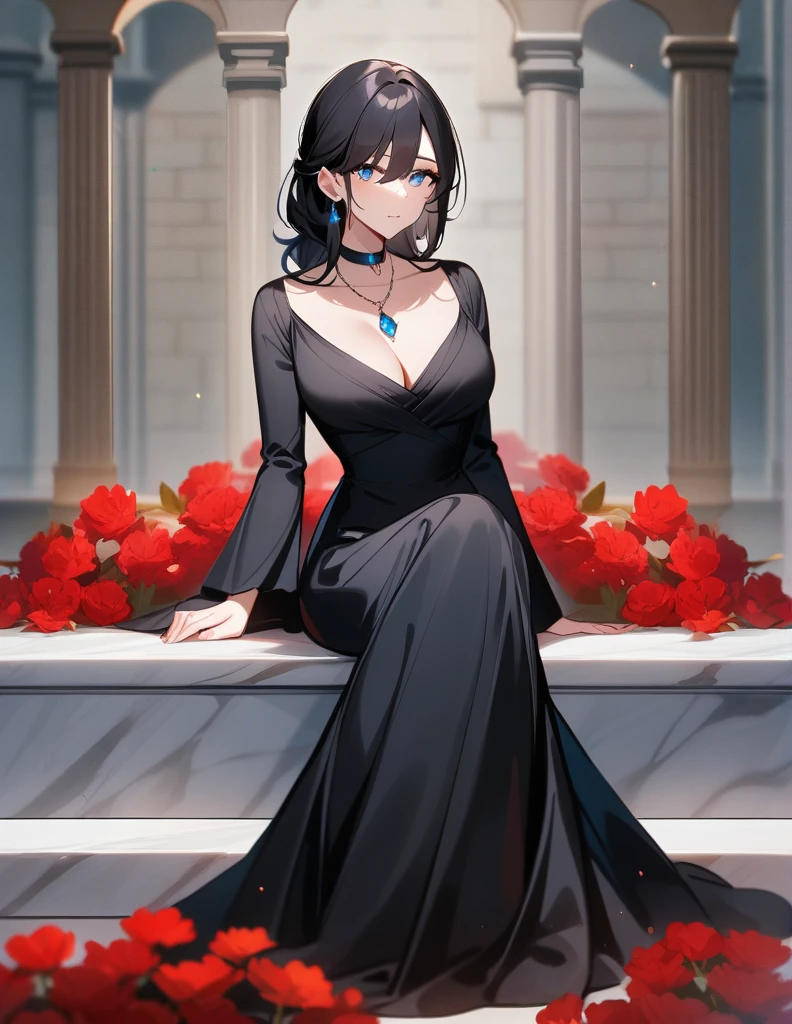 Greek milf woman, wearing a beautiful long black dress, short black hair, with luminous blue eyes, wearing a choker with a blue jewel, sitting on a marble bench in a large red garden
