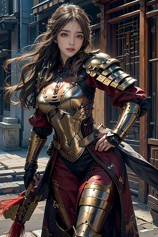 Realistic, High resolution, Soft Light,1 Female, alone, Hip Up, Glowing Skin, (Detailed face), Chinese Armor, Full Armor, Long Hair , Seduce the pose,Show your buttocks with a stand back,
