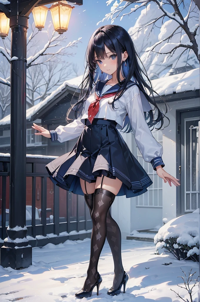 ((Biologically correct limb count)),(( From head to toe,Full-body photo including face)),4K,((Standing position)),masterpiece,((Focus on the face)),((Symmetrical facial features)),Eyes with detailed description,Beautiful woman,Great style,Beautiful arms,Beautiful legs,Beautiful Hands,(Small Ass,Thin thighs),Facial detailing,Small earrings,necklace,(Sailor suit,mini skirt((High heels,Patterned stockings))),((Meeting at the school gate)),Silk gloves,(((Blue black hair))),Realistic photo