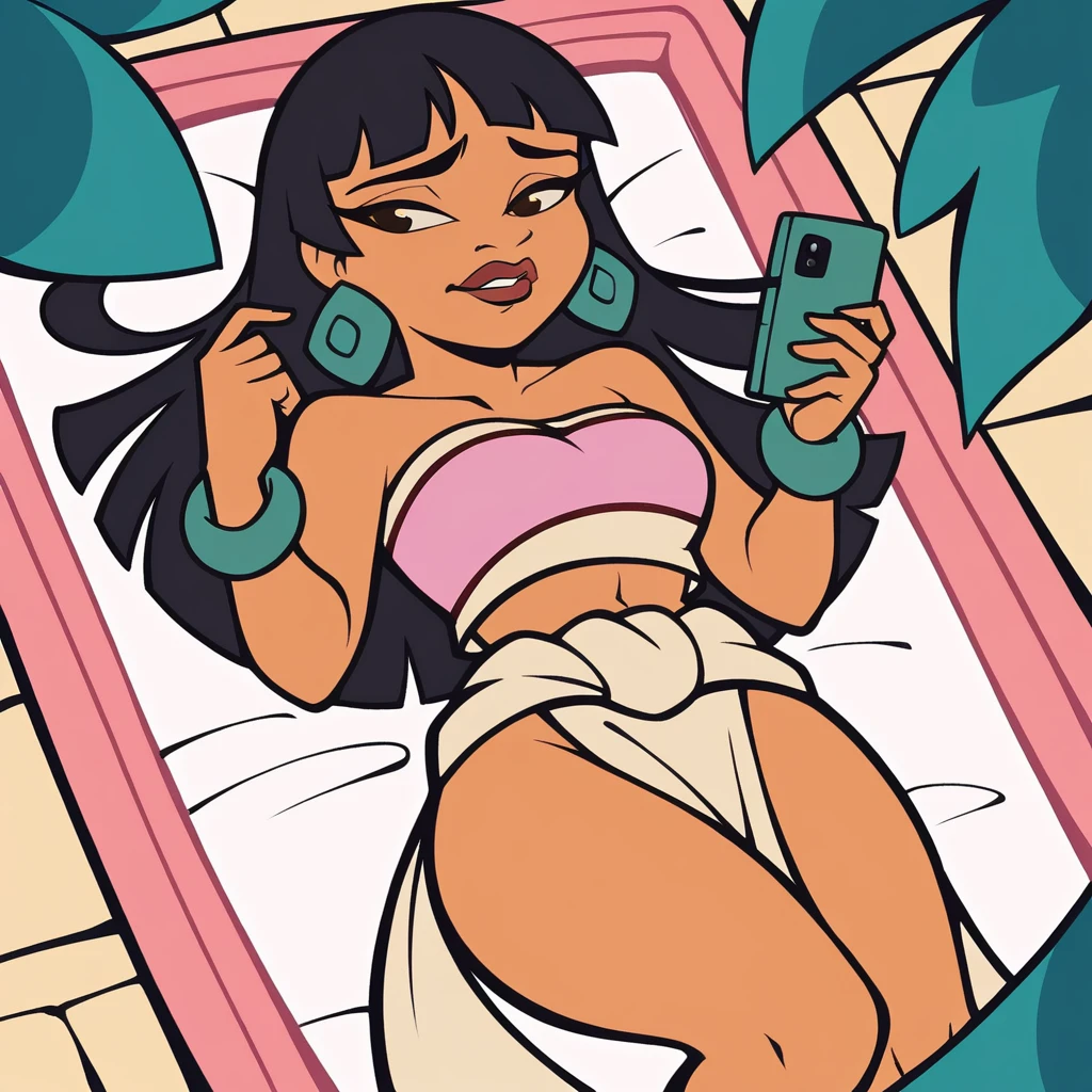 score_9_presence, score_8_up, chel, el dorado, wrapped in towel, medium breasts, holding phone