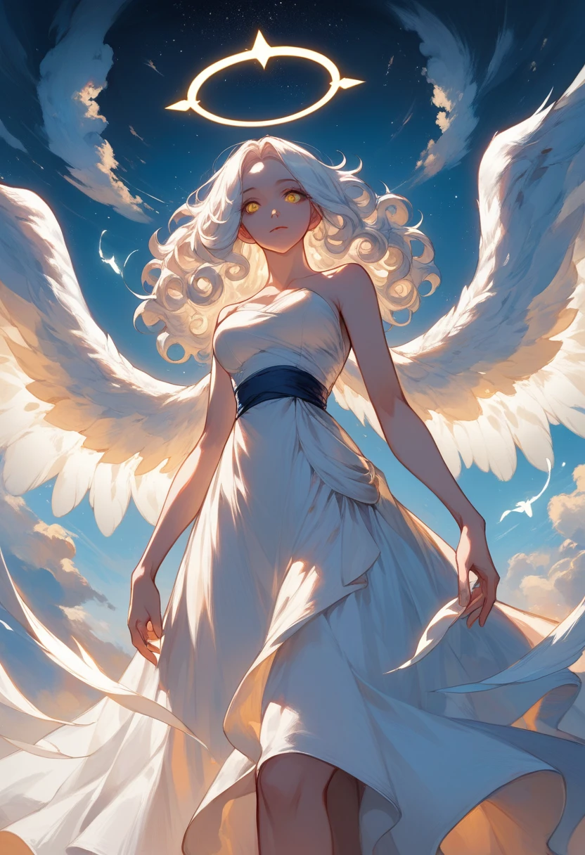 masterpiece, best quality, 1girl, glowing, angel, white hair, long white gown, jelweries, intricate gown, heavenly gown, long wide sleeeves, waist sash, angel wings, full lenth skirt, long sleeeves, glowing, yellow eyes, curvy, curly hair, flowing hair, low angle view, cowboy shot, sky background, medium breasts, beautiful sky, clouds, starry sky, angel halo, jelweries, hand on dress, dark blue sky, glowwing:1.2