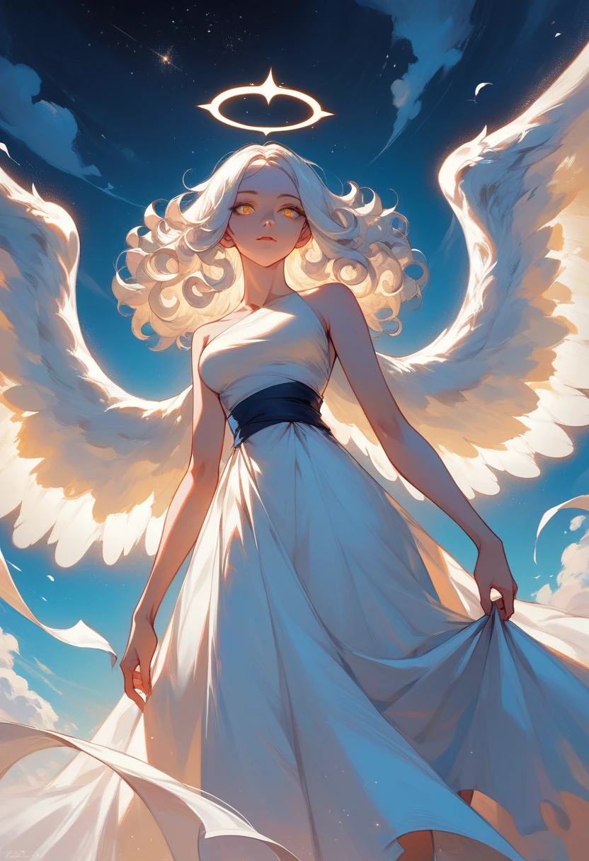 masterpiece, best quality, 1girl, glowing, angel, white hair, long white gown, jelweries, intricate gown, heavenly gown, long wide sleeeves, waist sash, angel wings, full lenth skirt, long sleeeves, glowing, yellow eyes, curvy, curly hair, flowing hair, low angle view, cowboy shot, sky background, medium breasts, beautiful sky, clouds, starry sky, angel halo, jelweries, hand on dress, dark blue sky, glowwing:1.2