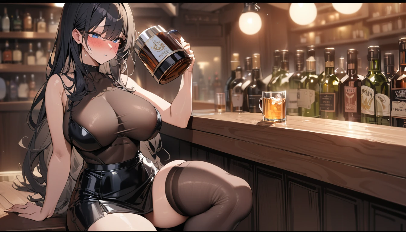 (best quality, 4K, high resolution, masterpiece:1.2, Extremely detailed),Large ,1 girl,独奏,black hair,long hair,blue eyes,A cautious expression,(drunk,blush),sitting,drinking,((Mature ody)),Bk stockings,Black tight skirt, Mature sexy bodyng mug,nter,pub,