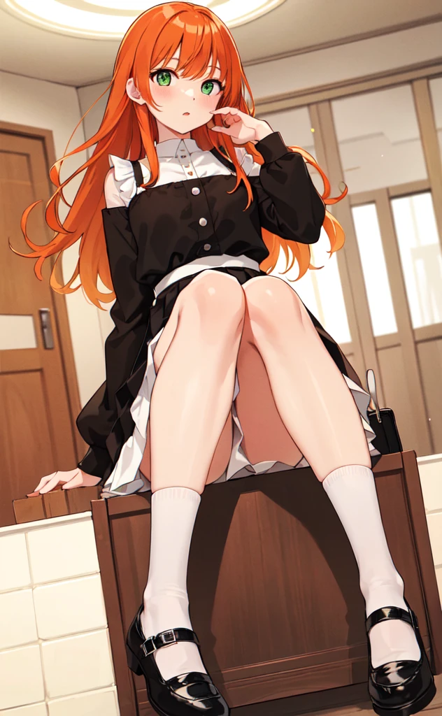 (best quality,high resolution,Beautiful and delicate eyes,White lighting:1.2),Green Eyes, Looking at the audience, Long hair, Orange Hair,leather shoes, Black footwear,White socks, blush, Long sleeve, Bangs, Open your mouth, Black Hair, skirt, Knees up, Orange hair, white skirt, Ruffles, skirt