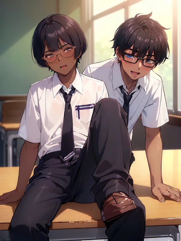 (1 feminine boy solo:1.7),(dark skin:1.5),(masterpiece:1.2), highest quality, High resolution, unity 8k wallpaper, (fine and beautiful eyes:1.6), highly detailed face, perfect lighting, Detailed CG, (perfect hands, perfect anatomy),20 years old, (black hair:1.3), detailed eyes, best quality, extremely detailed, very precise detailed, (glasses:1.4), (blunt bangs:1.5), (open mouth:1.2), (short hair:1.5), (evil smile:1.4), , (half closed eyes:1.3) ,long sidelocks, (blush:1.3),(sit on desk:1.3),(Put left knee in front:1.5),(boy's school uniform long pant:1.5),(loosen necktie:1.2),spread legs,knee bend,open shirt