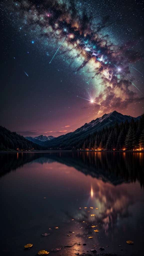 night，Lake，firefly，silence，best quality，8K，Shock，Meteor Showers。
