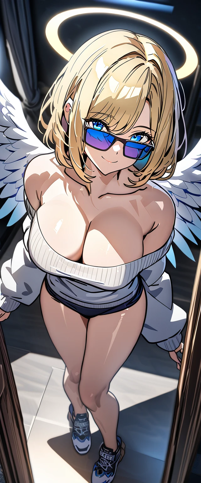 ((angel, big big white wings:1.3, halo:1.3)), ((from above)), (((sunglasses, hand to sunglasses))), (((full body))), archangel Uriel, ((wavy hair, inward curled hair)), evening, Sunset, ((blond hair, bob cut:1.3)), breasts, ager, (looking at viewer), oversized clothes, puffy long sleeves, ((off-shoulder sweater:1.3, Quite thick shoulder straps)), ((white sweater)), collarbone, head tilt:1.3, (((blue eyes))), ((happy smile)), (((anime style))), (best quality, 4K, 8K, highres, masterpiece:1.2, ultra-detailed, ultra-detailed eyes, HDR, uhd, studio lighting, ultra-fine painting, sharp focus, physically-based rendering, extreme detail description, professional, vivid colors, bokeh)