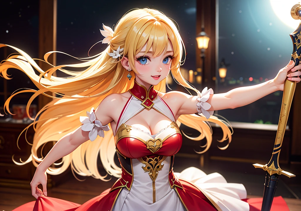 Gripping sword, Realistic photos, Focus distance 10mm, Red and white, A big smile, Curly blonde hair, Beautiful girl, Realistic photos, Focus distance 10mmで撮影, masterpiece, 最high quality, high quality, Very detailed CG 8k wallpaper unit, Award-winning photography, Bokeh, Depth of written boundary, High resolution, bloom, chromatic aberration, Realistic, Very detailed, Art Station Trends, CGsociety Trends, Complex, High detail, dramatic, Art on the go
