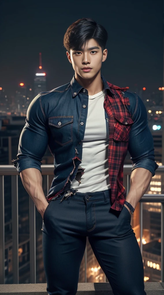 A young Korean boy in a torn Spider-Man costume. with details, Red and black color scheme :: Highly detailed, แมงมุมที่มีHighly detailed, ดวงตาที่มีHighly detailed, นิ้วที่มีHighly detailed, Take the whole body, Quiv haircut, dynamic poses, Look at the camera, Detailed parts of the face, Manly, nighttime, city scenery, city lights, Detailed city roof background, Monk sex, perfect anatomy, Symmetrical body, Asia, 19 years old, realistic, human skin, short hairstyle, handsome chad chin, handsome, sit, open legs, charming, Be a man, sexually, close your eyes, open your mouth, human skin, (Make eye contact), charming, Big hip pants, very good, depth of field, perfect composition, in the middle ,(Torn shirt:1.5)