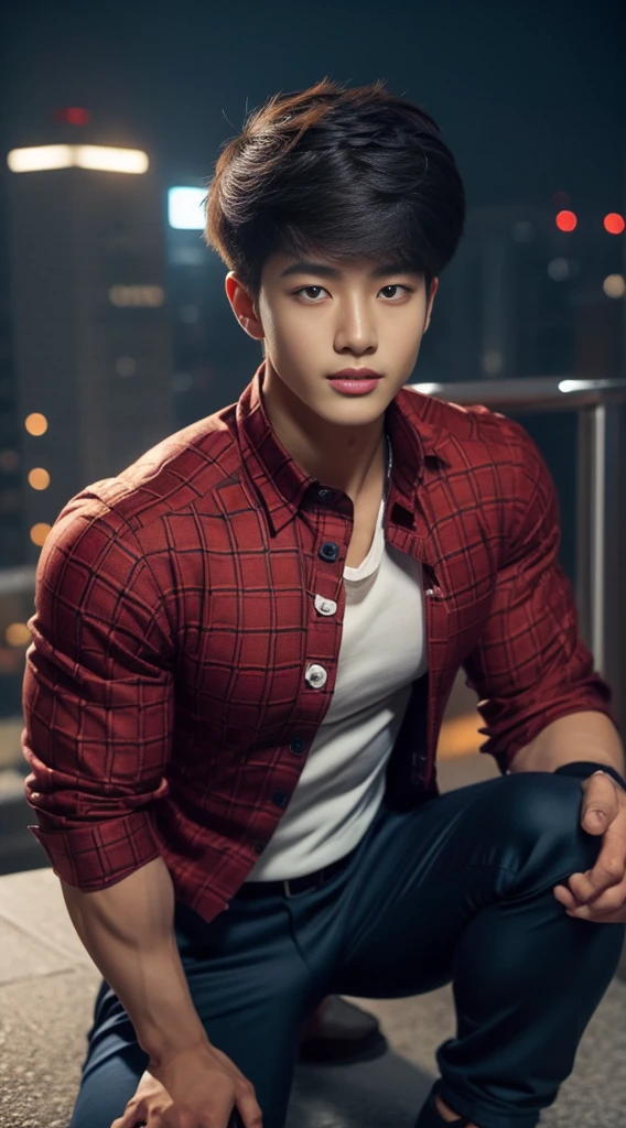 A young Korean boy in a torn Spider-Man costume. with details, Red and black color scheme :: Highly detailed, แมงมุมที่มีHighly detailed, ดวงตาที่มีHighly detailed, นิ้วที่มีHighly detailed, Take the whole body, Quiv haircut, dynamic poses, Look at the camera, Detailed parts of the face, Manly, nighttime, city scenery, city lights, Detailed city roof background, Monk sex, perfect anatomy, Symmetrical body, Asia, 19 years old, realistic, human skin, short hairstyle, handsome chad chin, handsome, sit, open legs, charming, Be a man, sexually, close your eyes, open your mouth, human skin, (Make eye contact), charming, Big hip pants, very good, depth of field, perfect composition, in the middle ,(Torn shirt:1.5)