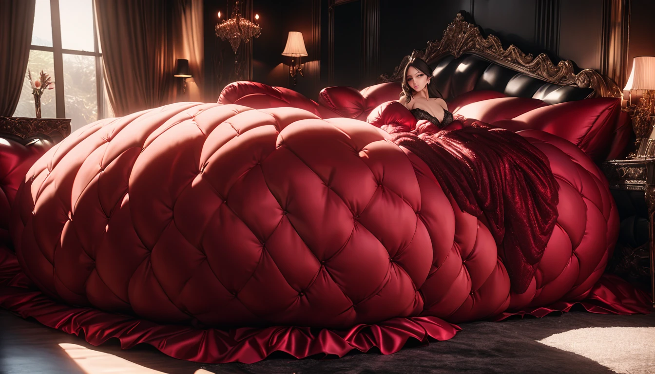 A fluffy red silk feather duvet, many huge silk body pillows, a luxurious and fluffy red silk bed, red silk sheets, 8k, best quality, high detailed, photorealistic, dramatic lighting, warm tones, luxurious, soft, plush, velvet, satin, velvety textures, elegant, sophisticated, premium, lavish, opulent, sumptuous, indulgent, exquisite, refined, lush