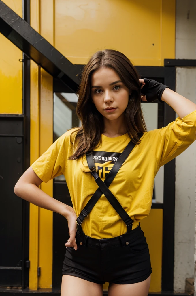 Bob brown hair girl, yellow t-shirt, black overall, black gloves