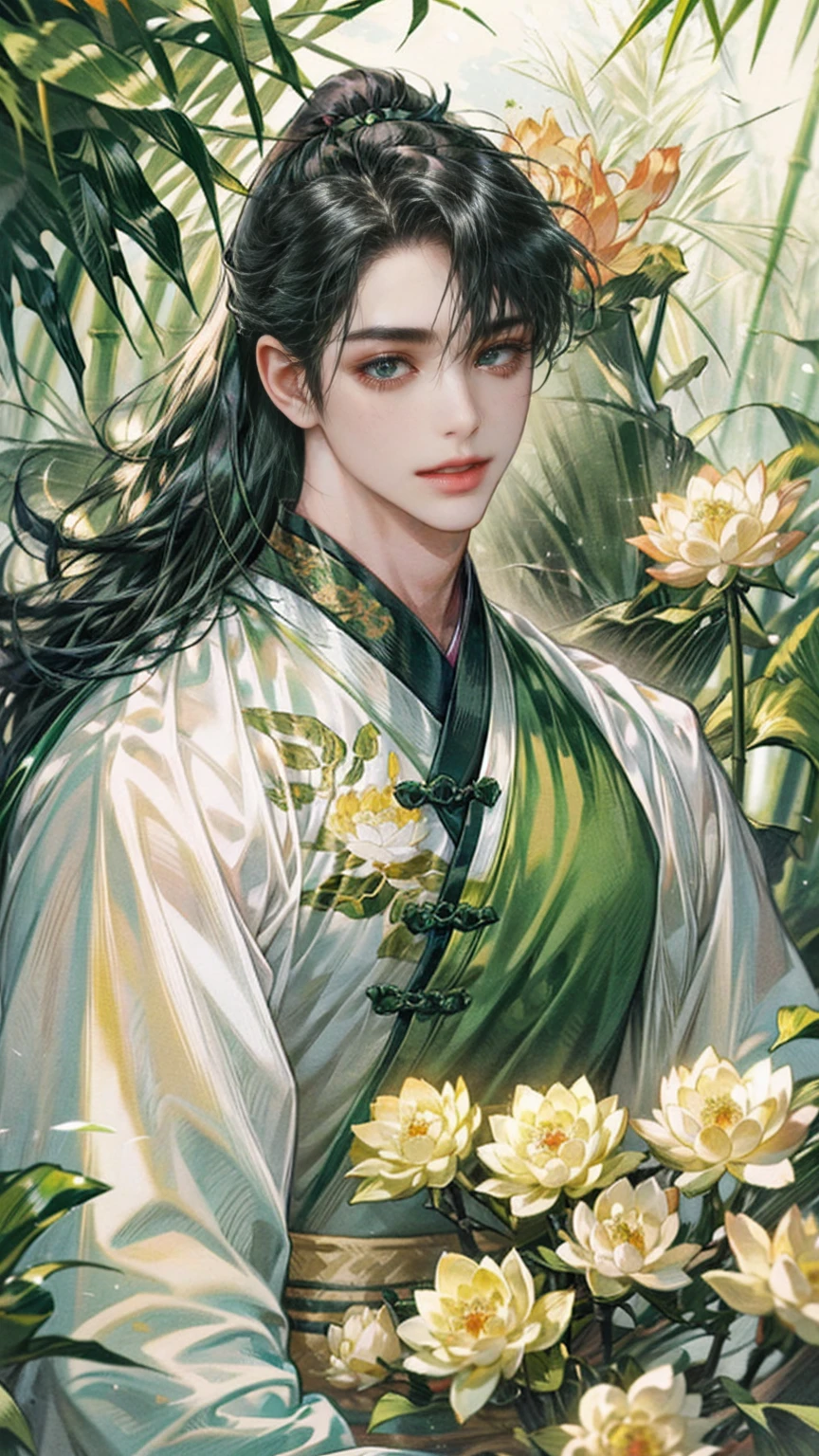 (((best quality))),masterpiece,ultra high resolution,extraordinarily beautiful youth, a bright, innocent smile,All green clothing,((boy 20 year old, green hanfu,green clothing, Chinese shirt style)) ,boy character ,((Thick black long hair)),beautiful face,detailed interior, detailed boy,((man)),(in bamboo forest), house China style, pure white lotus,beautiful and cute boy ,black eyes,((solo man)),(he has a Big eyes, charming lips, slim nose and small face),(slim figures ),ponytail and 冠