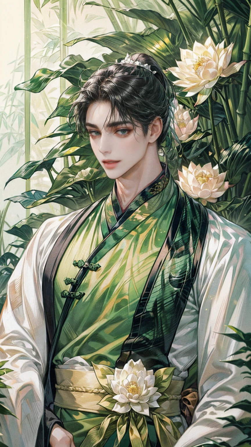 (((best quality))),masterpiece,ultra high resolution,extraordinarily beautiful youth, a bright, innocent smile,All green clothing,((boy 20 year old, green hanfu,green clothing, Chinese shirt style)) ,boy character ,((Thick black long hair)),beautiful face,detailed interior, detailed boy,((man)),(in bamboo forest), house China style, pure white lotus,beautiful and cute boy ,black eyes,((solo man)),(he has a Big eyes, charming lips, slim nose and small face),(slim figures ),ponytail and 冠