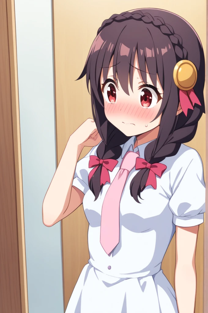 alone, One girl、Crown braids in the same color as your hair, hair ornaments, Hair Ribbon, Pink tie, (White dress), Fitting room with mirror、Black Hair、(Embarrassed face:1.2)、(blush:1.2)、