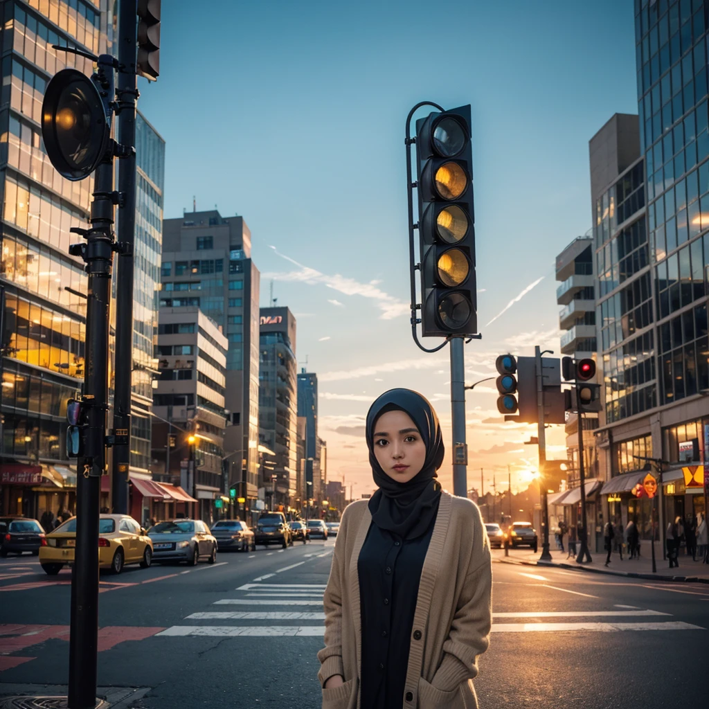 1girl, hijab, cardigan, traffic light, crossroad, cityscape, best quality, 4k, 8k, highres, masterpiece:1.2, ultra-detailed, realistic, photorealistic:1.37, HDR, UHD, studio lighting, ultra-fine painting, sharp focus, physically-based rendering, extreme detail description, professional, vivid colors, bokeh, urban, modern, cityscape, photorealistic, natural lighting, intricate details, cinematic, warm color tones, golden hour