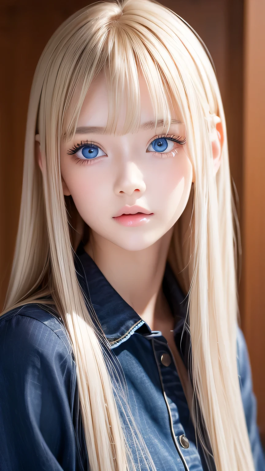 Highest quality、masterpiece、(Realistic:1.4)、One very beautiful blonde girl、Dazzlingly long, super long straight silky platinum blonde、Bangs between the eyes、bangs on the face、Big, very bright light blue eyes that shine so beautifully、Very big eyes、front、Detailed face、Beautiful Eyes、Very white and bright, beautiful skin、Small Face Beauty、 beautiful girl、Cheek gloss highlighter、Round face