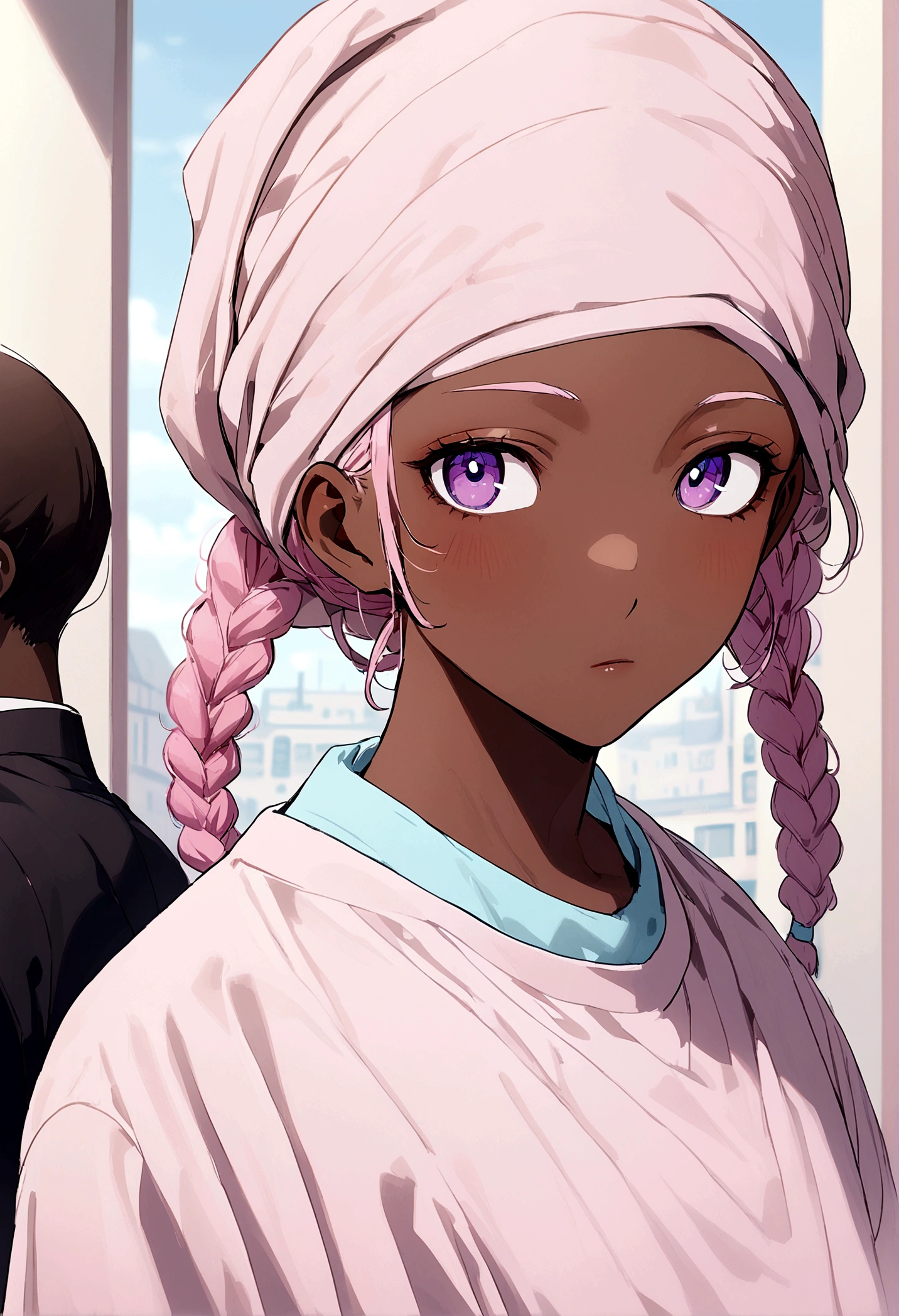 Brown skin boy, with headscarf, pink braids, pastel blue sweatshirt, purple eyes