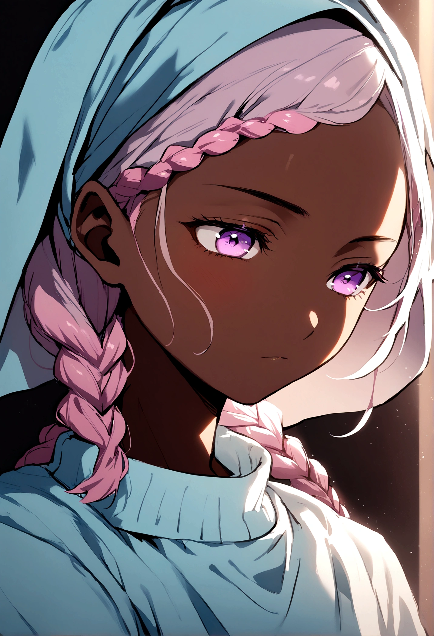 Brown skin boy, with headscarf, pink braids, pastel blue sweatshirt, purple eyes