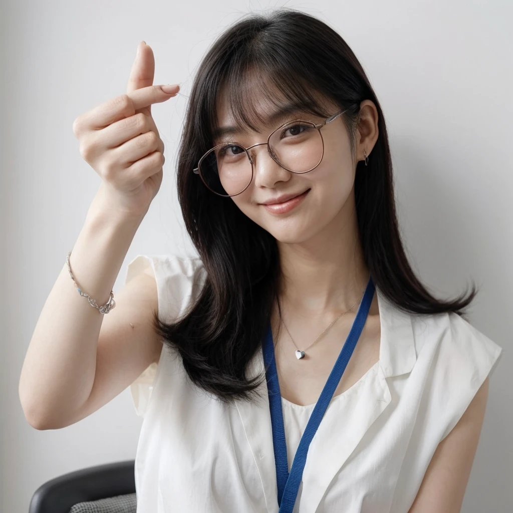 A korean female with medium black hair wearing large glasses is forming a heart shape with their hands. They are dressed in a sleeveless white blouse and have a blue lanyard around their neck. The expression is cheerful, with a smile and a wink. The background is clean and minimalistic with a white wall.