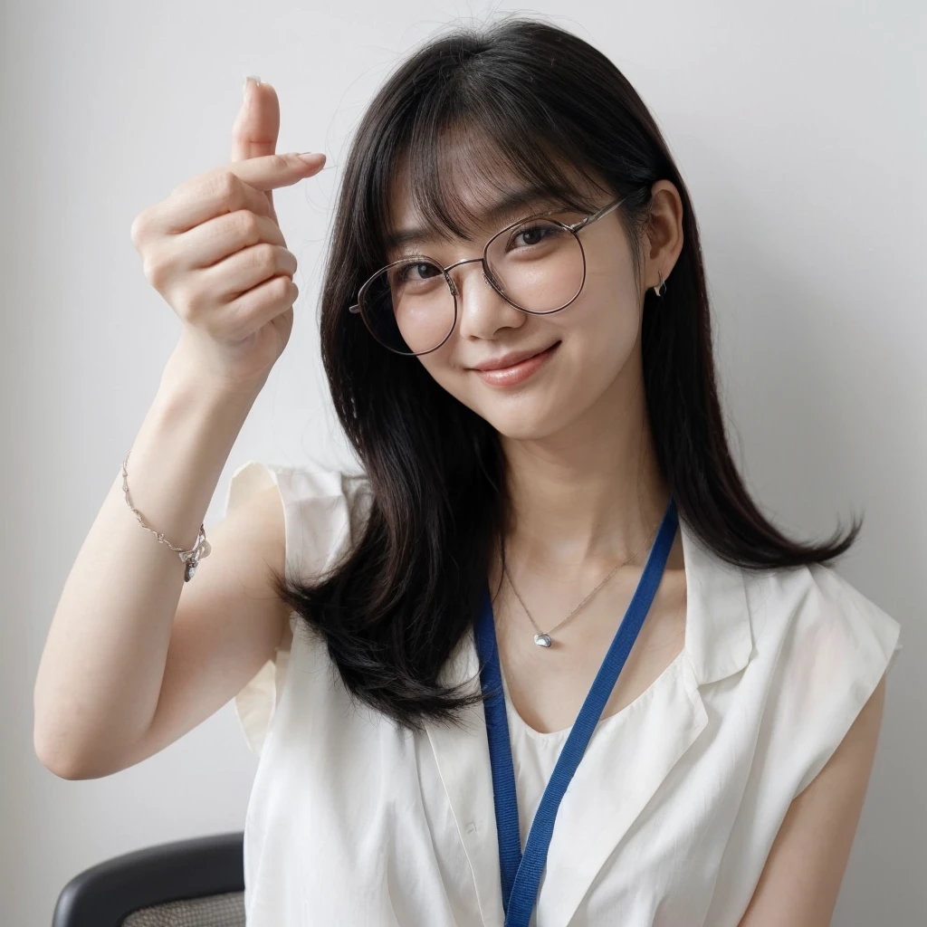 A korean female with medium black hair wearing large glasses is forming a heart shape with their hands. They are dressed in a sleeveless white blouse and have a blue lanyard around their neck. The expression is cheerful, with a smile and a wink. The background is clean and minimalistic with a white wall.
