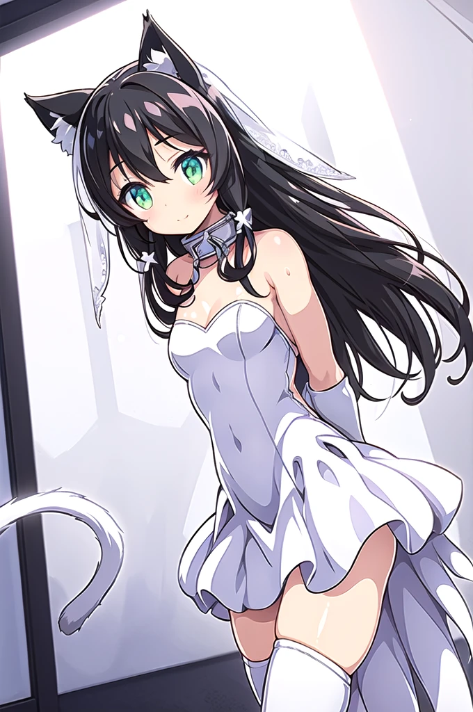 1girl,solo,(cowboy shot),standing,(black hair:1.4),long hair,(cat ears:1.2),(green eyes:1.2),(black rugged collar),(beautiful fingers:1.4),(perfect anatomy:1.4),(arms_behind_back:1.6),(cold_shoulder:1.2),BREAK,(pure white silk lace glossy lamé wedding dress:1.6),(pure white leotard:1.4),(latex luster shiny glossy:1.6),(shiny_clothes:1.6),medium breasts,beautiful breasts,masterpiece,best quality,(Ultra high definition eyes:1.2),8k,(Beautiful detailed eyes:1.2),(Fine and beautiful eyes:1.2),(pretty eyes:1.2),finely detail,extremely CG, absurdres,high resolution,illustration,Detailed and beautiful outlines,finely detail,high resolution,(colorful refraction:1.4,Increase saturation:1.2),beautiful lighting,dynamic lighting,closed room,black background,simple background, smile,looking at viewer,Rem Galleu,(pure white wedding gloves:1.4),(pure white thigh boots:1.4)