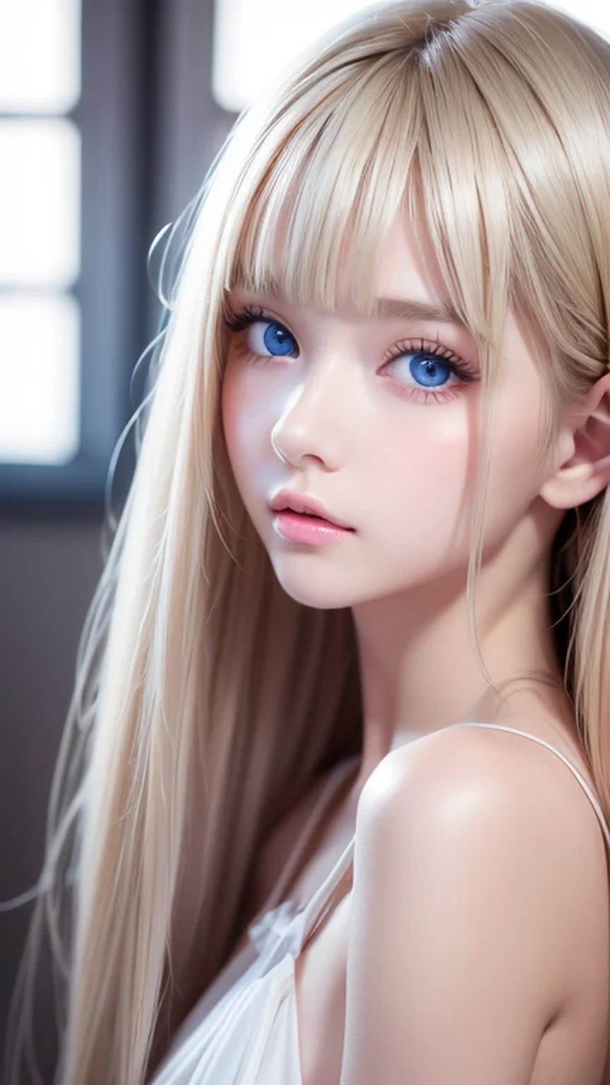 Highest quality、masterpiece、(Realistic:1.4)、One very beautiful blonde girl、Dazzlingly long, super long straight silky platinum blonde、Bangs between the eyes、bangs on the face、Big, very bright light blue eyes that shine so beautifully、Very big eyes、front、Detailed face、Beautiful Eyes、Very white and bright, beautiful skin、Small Face Beauty、 beautiful girl、Cheek gloss highlighter、Round face