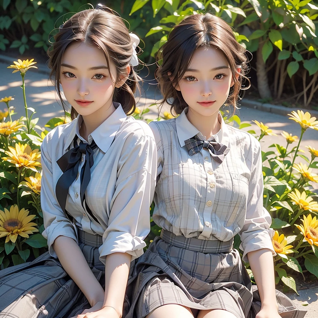 (masterpiece:1.2, Highest quality), (Realistic, photoRealistic:1.4), Beautiful illustrations, (Natural Side Lighting, Cinema Lighting),
View your viewers, whole body, Front view:0.6, 1 Girl, Japanese, high school girl, Perfect Face, Cute and symmetrical face, Sunburn, Shiny skin,
(Long Hair:1.5, Side Ponytail:1.4, Brown Hair), Hair on one eye:1.4, Chestnut brown eyes, Long eyelashes, (Large Breasts:0.6),
Beautiful Hair, Beautiful Face, Beautiful attention to detail, Beautiful clavicle, Beautiful body, Beautiful breasts, Beautiful thighs, Beautiful feet, Beautiful fingers,
((Collared short-sleeved shirt, White shirt, , Grey plaid pleated skirt, Blue checked bow tie), Wrist Chakra),
(Beautiful views), (School Scene), (Top-down position, Lying face down, Looking at the flowers blooming on the ground, ), (Cute smile, Upward glance, Open your mouth),