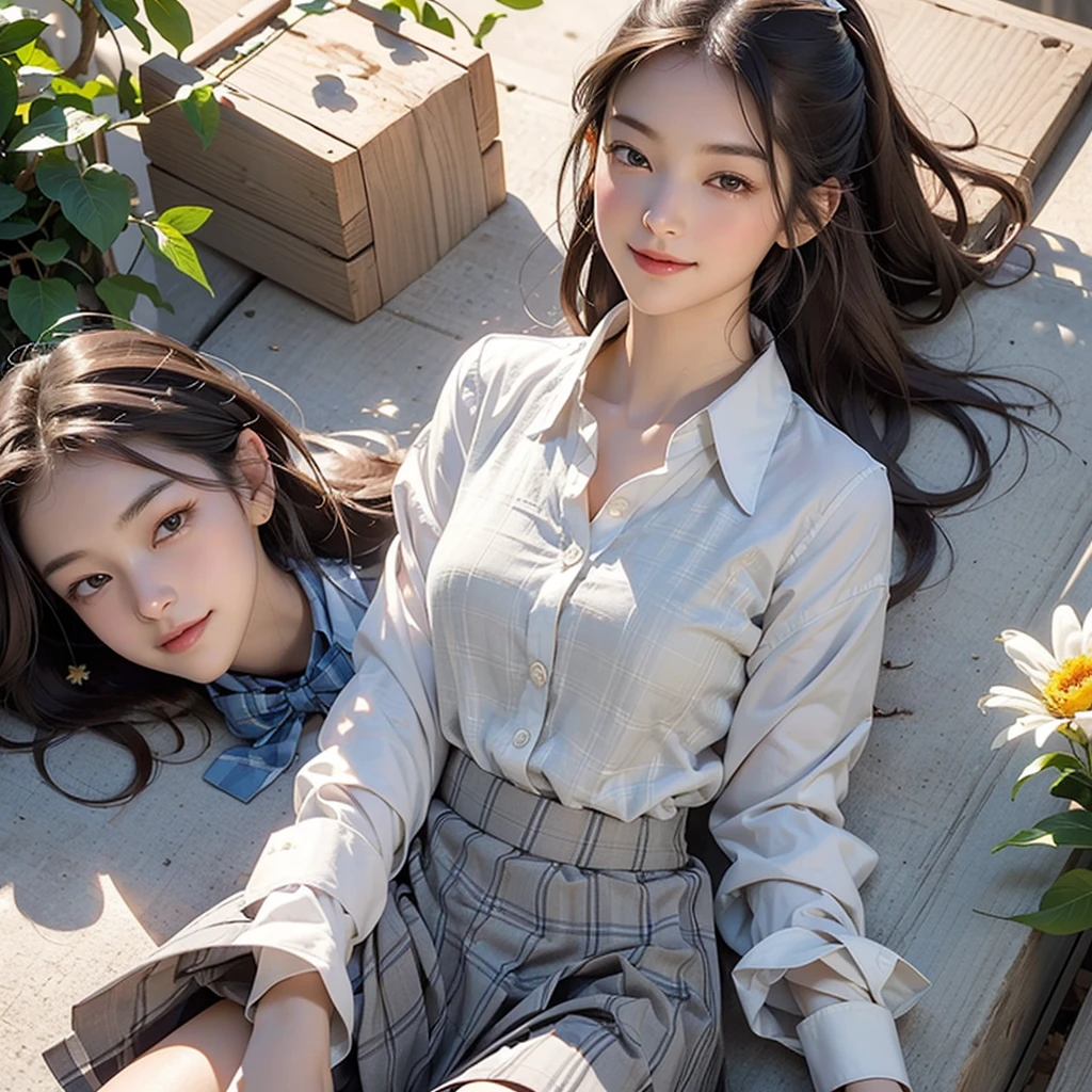 (masterpiece:1.2, Highest quality), (Realistic, photoRealistic:1.4), Beautiful illustrations, (Natural Side Lighting, Cinema Lighting), 
View your viewers, whole body, Front view:0.6, 1 Girl, Japanese, high school girl, Perfect Face, Cute and symmetrical face, Sunburn, Shiny skin, 
(Long Hair:1.5, Side Ponytail:1.4, Brown Hair), Hair on one eye:1.4, Chestnut brown eyes, Long eyelashes, (Large Breasts:0.6), 
Beautiful Hair, Beautiful Face, Beautiful attention to detail, Beautiful clavicle, Beautiful body, Beautiful breasts, Beautiful thighs, Beautiful feet, Beautiful fingers, 
((Collared short-sleeved shirt, White shirt, , Grey plaid pleated skirt, Blue checked bow tie), Wrist Chakra), 
(Beautiful views), (School Scene), (Top-down position, Lying face down, Looking at the flowers blooming on the ground, ), (Cute smile, Upward glance, Open your mouth),