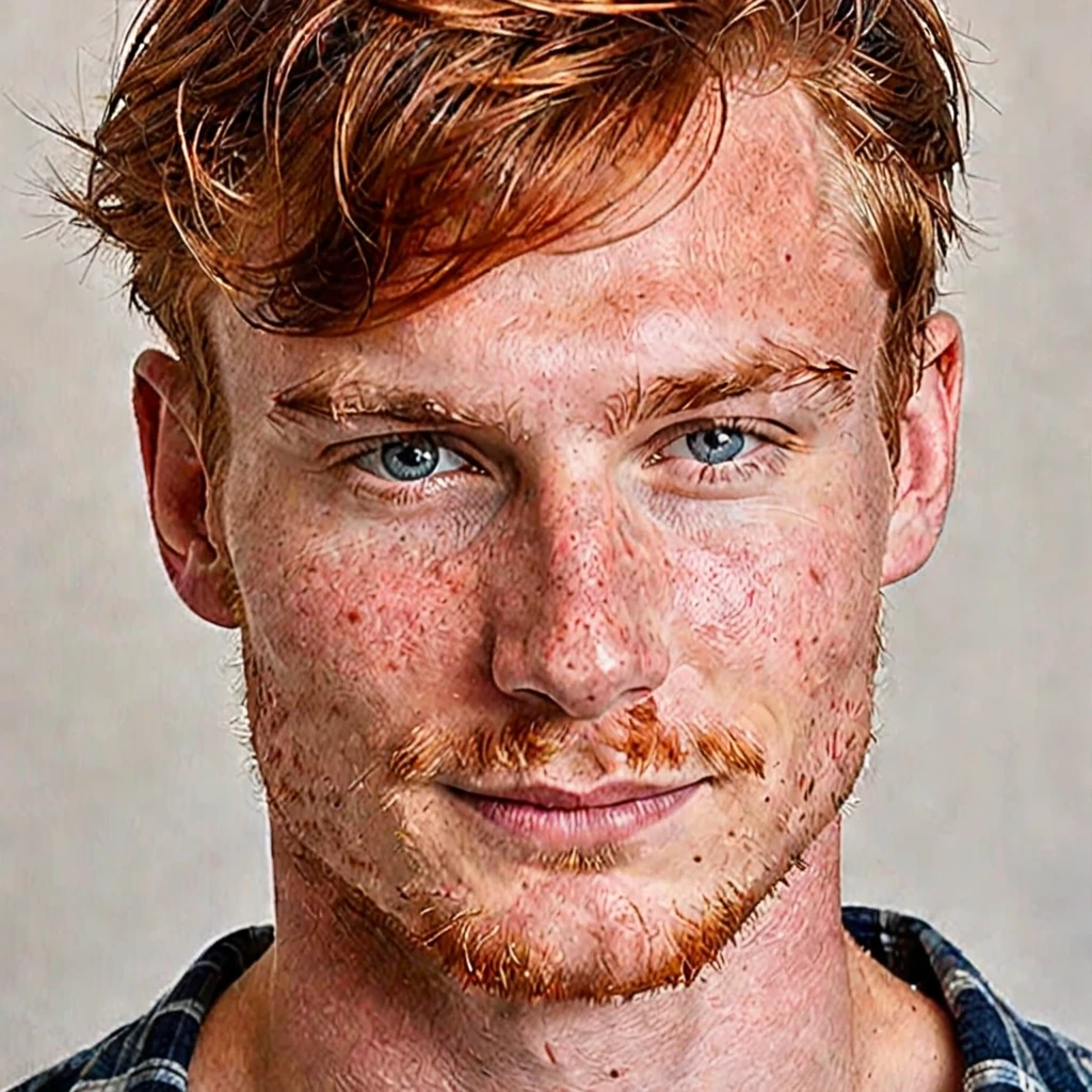 The man has an angular face with a strong, well-defined jawline. His skin is fair, with freckles scattered across his nose and cheeks, typical of someone with red hair. His hair is a vibrant red, slightly wavy and thick, cut short on the sides and a bit longer on top, where he usually styles it back or to the side. His eyebrows are thick and a darker shade of red, well-aligned and arched. His eyes are blue, with a deep and captivating hue, almond-shaped, surrounded by short, light-colored eyelashes. His gaze is penetrating and confident. His nose is straight and proportionate to his face, with a slightly elevated bridge. His lips are medium-sized, with a defined contour and a natural rosy color. When he smiles, he reveals white, well-aligned teeth, and a smile that conveys warmth and friendliness. His ears are medium-sized, slightly set away from his head, with small, discreet lobes. His skin has a smooth texture but is sensitive, prone to redness and sunburn. He usually maintains a short, well-groomed beard, the same red color as his hair, which further highlights the freckles on his face. In terms of clothing, he prefers a casual style, often wearing flannel shirts, jeans, and boots, which match his rugged and practical appearance. A thin, discreet scar crosses his left cheek, adding a touch of history and mystery to his appearance. He generally uses little or no makeup but takes good care of his skin with moisturizing products to prevent dryness.