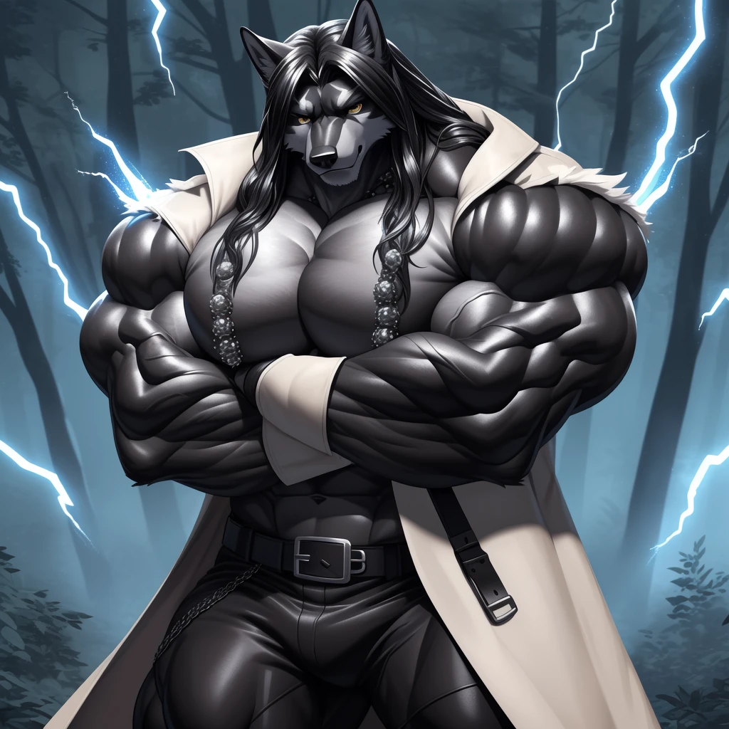 (upload on e621) (Masterpiece) (by Drks) (best quality) (ultra high res) 4K (8k HD) 2D (perfect anatomy) (digital art) (official art) (extreme detailed) (ultra detailed) (strapsanime) color (soft shading) (sharp focus) (forest woods background) 1man black body fur silver belly detailed fluffy fur (ultra detailed face) detailed eyes detailed iris eyes detailed golden yellow eyes (white sclera) black pupils big navel abs bare pectoral (((huge black shiny nipples))) black claw nails furry wolf male mature male dark black giant bulky muscular body fur giant size canid (((huge muscles))) (((hyper muscles:1.3))) huge pecs (((oversize pecs:1.3))) huge biceps (((giant biceps:1.3))) (((fullbody))) canine canis mammal powerful wolf god wolf male fierce face badass wolf anthro solo standing (((wearing black full complete sleeveless long trench coat:1.4))) (((dark black longest flowing length hair:1.3))) (((dark black longest flowing length back fur hair:1.3))) (((dark black longest length hair fur front lay on pecs:1.3))) (((best longest dark black flowing hair:1.3))) (((perfect fingers))) (((five fingers))) dark black hands and fingers (((wearing black and silver fingerless gloves))) (((black arm bands on his biceps))), (((three black arm bands on his forearms))) (((black huge bead necklaces:1.3))) (((black huge longer bead necklaces around neck to pecs:1.3))) (((dark black and silver underside long wolf tail))) (((black long pants with silver lines with belt straps on both legs))) (((silver electricity and wind aura flow entire body))) (((crossed arm pose)))