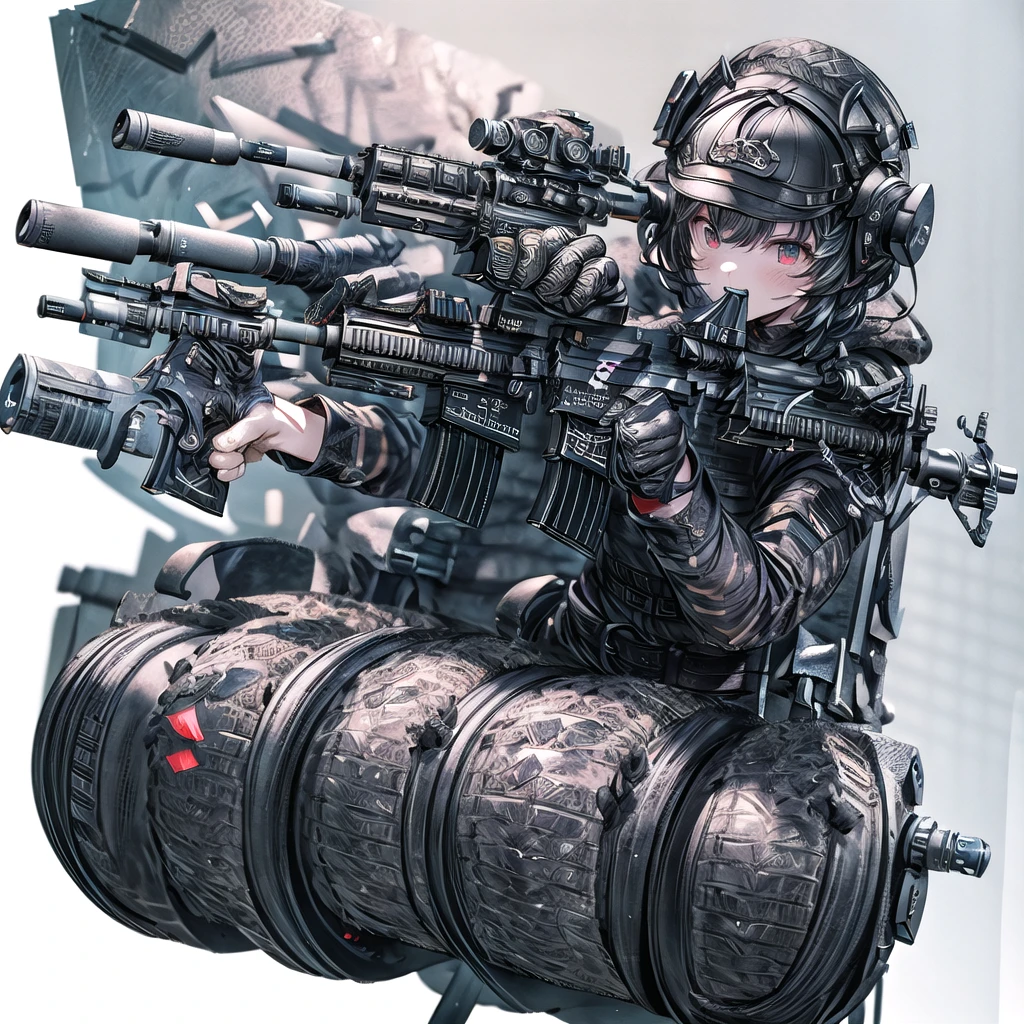 One girl、Dynamic configuration、[17277fbe68],threatened hideo、high quality、Maximum details、(((最high quality、最高masterpiece、Official Art、最高のDynamic configuration)))、(Thin Hair)、(Tabletop, 最high quality), Very detailed, Anime Style, Concept Art、whole body, (masterpiece), 最high quality, Fantasy art,whole body、masterpiece、最high quality、(colorful)、（Beautifully detailed eyes and face）、Cinema Lighting、Extremely detailed CG、Super huge、whole body、wallpaper、Uniforms with weapons in Wonderland, (((Everybody wears black and red ))), Ammunition belt, gun, machine gun, gatling gun, hand gun,weapons,Barren Land、White Background、