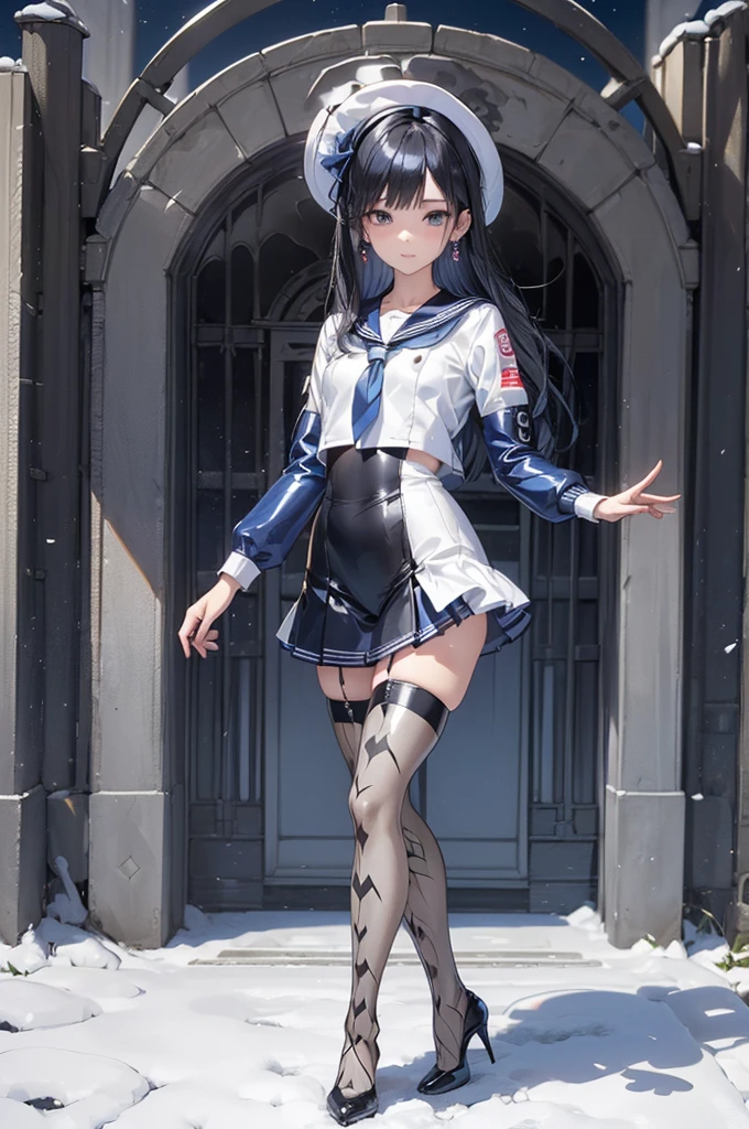((Biologically correct limb count)),(( From head to toe,Full-body photo including face)),4K,((Standing position)),masterpiece,((Focus on the face)),((Symmetrical facial features)),Eyes with detailed description,Beautiful woman,Great style,Beautiful arms,Beautiful legs,Beautiful Hands,(Small Ass,Thin thighs),Facial detailing,Small earrings,necklace,(Latex sailor suit,mini skirt((High heels,Patterned stockings))),((Meeting at the school gate)),Silk gloves,(((Blue black hair))),Realistic photo