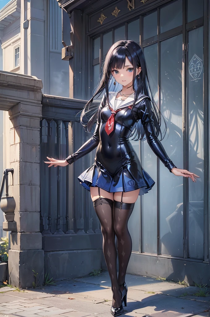 ((Biologically correct limb count)),(( From head to toe,Full-body photo including face)),4K,((Standing position)),masterpiece,((Focus on the face)),((Symmetrical facial features)),Eyes with detailed description,Beautiful woman,Great style,Beautiful arms,Beautiful legs,Beautiful Hands,(Small Ass,Thin thighs),Facial detailing,Small earrings,necklace,(Latex sailor suit,mini skirt((High heels,Patterned stockings))),((Meeting at the school gate)),Silk gloves,(((Blue black hair))),Realistic photo