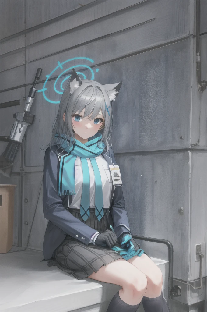Blue scarf,Blue jacket,Blue hood,ID card,Silver hair,Gray ear,Black gloves,Blue Eyes,Plaid skirt