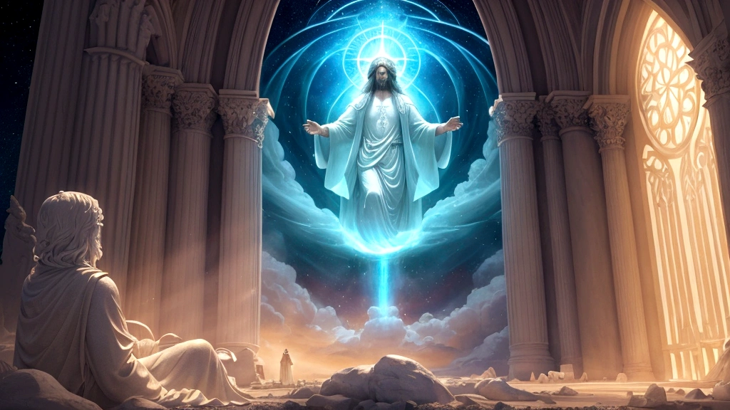 "Description: Create a mystical scene illustrating Paul's vision of the third heaven and paradise. Show a figure (representing Paul) surrounded by ethereal light and celestial beauty, immersed in a heavenly realm.
Details: Use soft, glowing colors and gentle textures to convey the otherworldly atmosphere. Include elements such as heavenly gates, radiant beings, and celestial landscapes to depict the transcendental nature of Paul's spiritual encounter. This visual should capture the sense of awe and wonder inspired by Paul's glimpse into the divine realm."