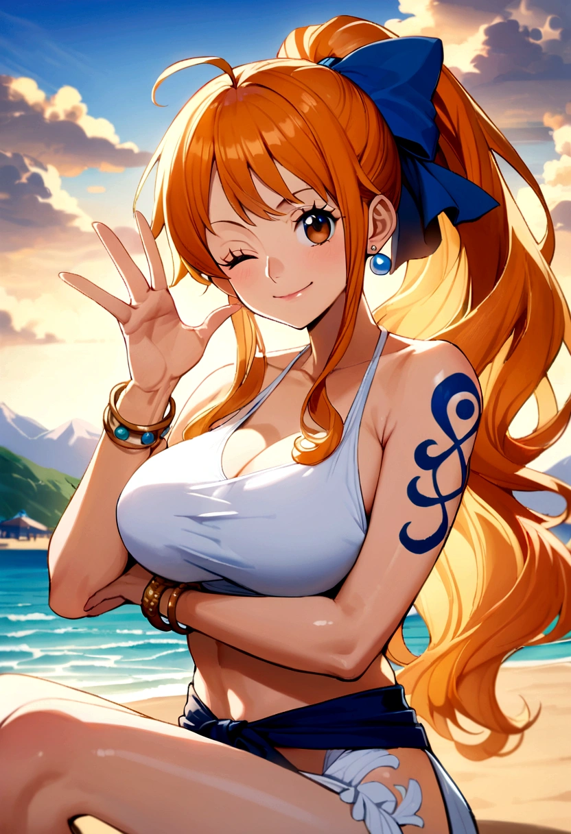 2d, masterpiece, best quality, anime, highly detailed face, highly detailed background, perfect lighting, beach, nami, one piece , 1girl, solo, one eye closed, long hair, smile, jewelry, sash, white bikini, orange hair, bow, flower, flower print, earrings, looking at viewer, ahoge, ribbon, hair bow, sky, day, bracelet, sleeveless, ;\), blue bow, outdoors, big breasts, cloud, closed mouth, ponytail, blue sky, brown eyes, orange eyes, left shoulder tattoo, bare shoulders, very long hair, sidelocks, bangs, collarbone, upper body, left arm tattoo, bare arms, blurry, hand gesture, blurry background, large breasts, eyelashes, mountain, parody, cloudy sky, sitting, shiny hair, bangle, wavy hair, open legs , thong, full body, topless