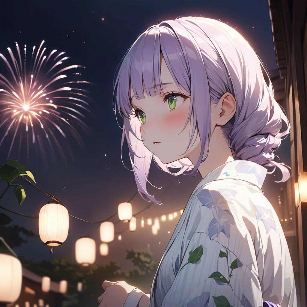 masterpiece, ultra detailed, 8K, a girl, kawaii, light atmosphere, (Cute a tsundere girl:1.5), anime visual, (tilt head:1.3), extremely delicate face, realistic lighting and shading, (an extremely delicate and beautiful art:1.3), a girl,blush,Japanese-style white colored yukata,
from side, cowboy shot, pale purple hair, blunt bangs hair, green eyes, Wearing a white yukata Morning glory pattern, A girl looking up at fireworks,night lit,out door,