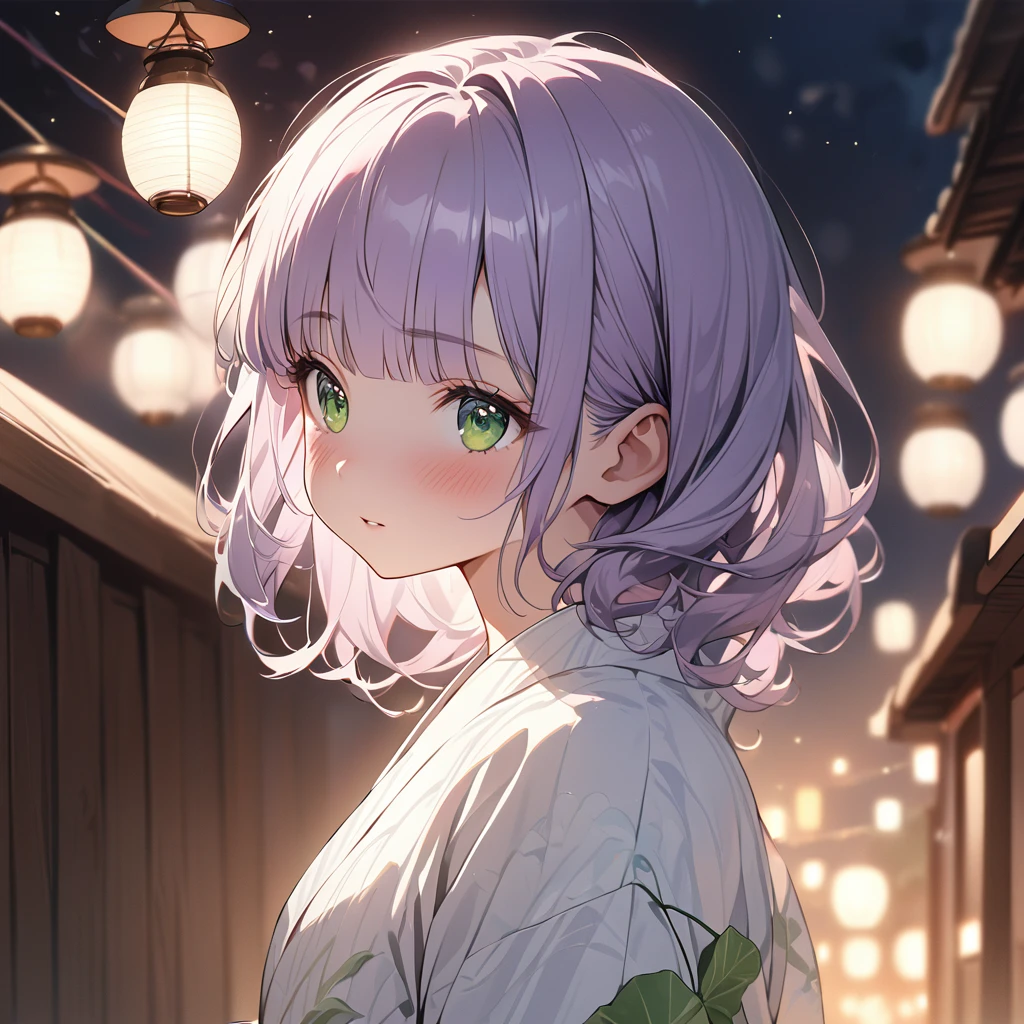 masterpiece, ultra detailed, 8K, a girl, kawaii, light atmosphere, (Cute a tsundere girl:1.5), anime visual, (tilt head:1.3), extremely delicate face, realistic lighting and shading, (an extremely delicate and beautiful art:1.3), a girl,blush,Japanese-style white colored yukata,
from side, cowboy shot, pale purple hair, blunt bangs hair, green eyes, Wearing a white yukata Morning glory pattern, A girl looking up at fireworks,night lit,out door,