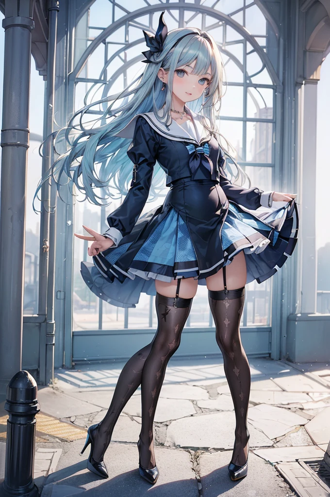 ((Biologically correct limb count)),(( From head to toe,Full-body photo including face)),4K,((Standing position)),masterpiece,((Focus on the face)),((Symmetrical facial features)),Eyes with detailed description,Beautiful woman,Great style,Beautiful arms,Beautiful legs,Beautiful Hands,(Small Ass,Thin thighs),Facial detailing,Small earrings,necklace,(Rubber Sailor Suit,mini skirt((High heels,Patterned stockings))),((Meeting at the school gate)),Silk gloves,(((blue blonde))),Realistic photo