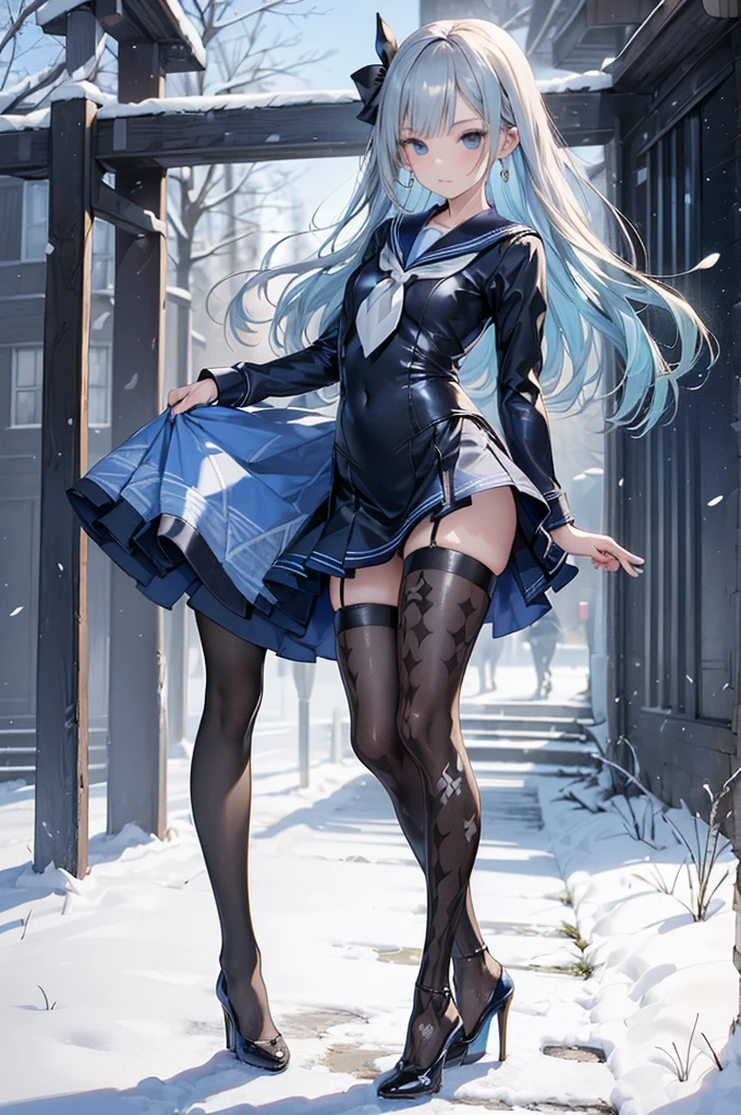 ((Biologically correct limb count)),(( From head to toe,Full-body photo including face)),4K,((Standing position)),masterpiece,((Focus on the face)),((Symmetrical facial features)),Eyes with detailed description,Beautiful woman,Great style,Beautiful arms,Beautiful legs,Beautiful Hands,(Small Ass,Thin thighs),Facial detailing,Small earrings,necklace,(Rubber Sailor Suit,mini skirt((High heels,Patterned stockings))),((Meeting at the school gate)),Silk gloves,(((blue blonde))),Realistic photo