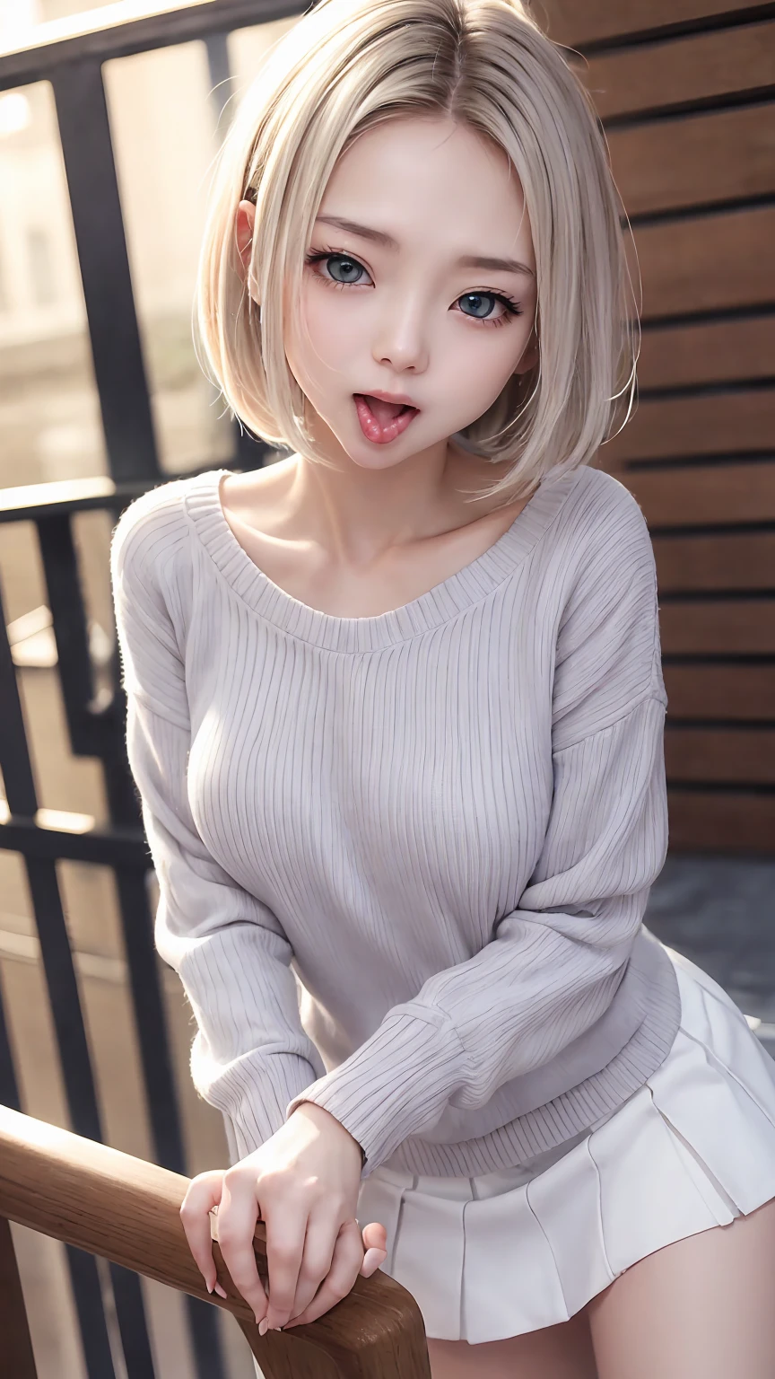 ベランダでBlowjobする若妻、Super detailed、Particles of light:0.5、Shiny and smooth skin texture、Put your hands on the railing、Beautiful Eyes、Silver Hair、Blue Eyes、Blowjob、Open your mouth and stick out your tongue、Natural Texture、Short Hair、、Mature slender beauty、Small breasts、Dignified face、A thin cut-and-sew sweater and a white skirt、Breasts are visible when slouching、Licking the male genitalia with the tongue、hold the penis with one&#39;s hand、Small breasts、slight chest、Re:CREATOReteora