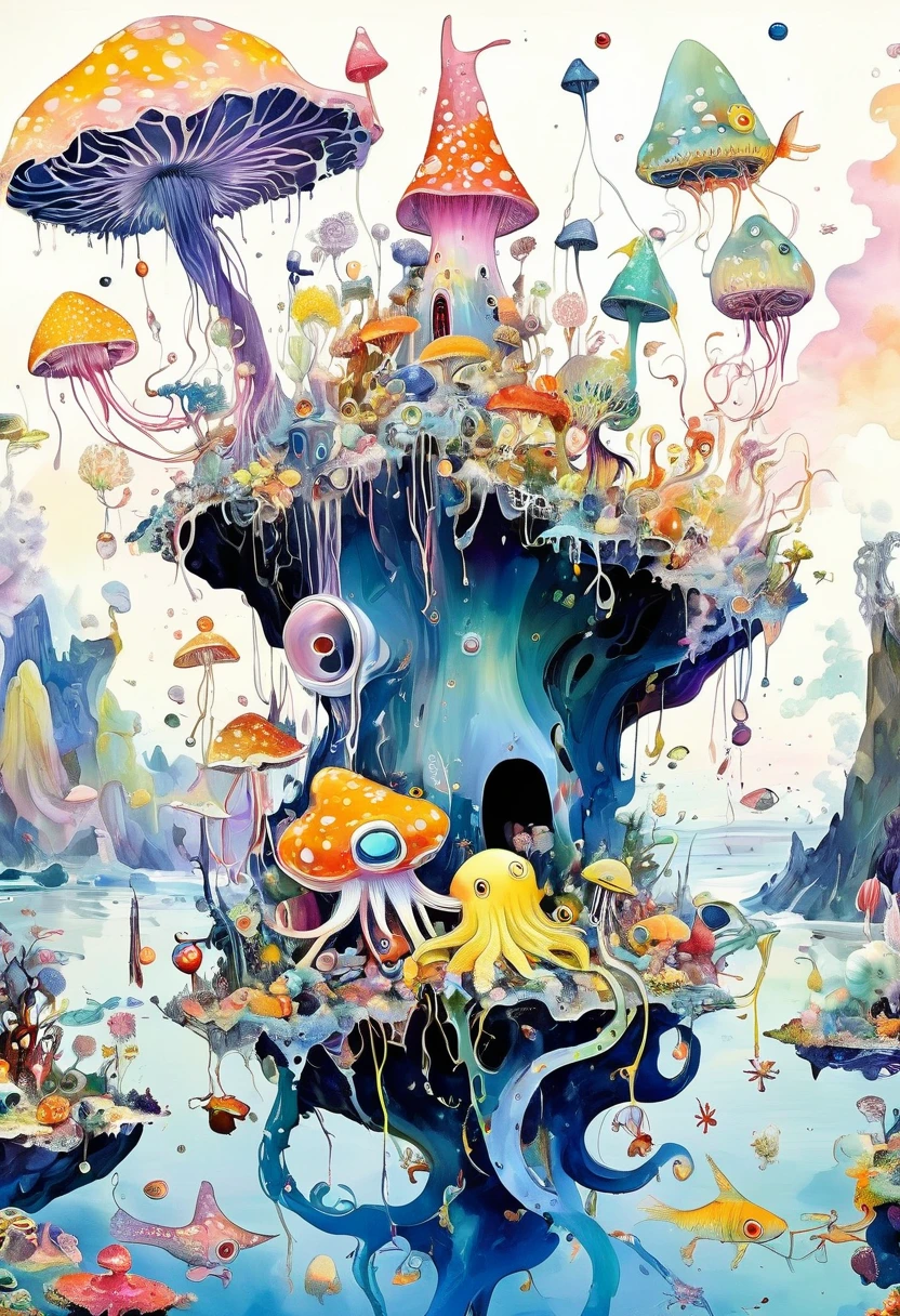 Simple and beautiful painting：Childish and interesting，gonzobugs squid monster with hat, deep sea fishing, vehicle, Agate Geode Dandelion Clown Core, A war-torn wonderland, fauvism , Caspar David Friedrich , Takashi Murakami , Diane Dillon , Album Cover Art, perfect, Smooth, Pixif, CG Society,