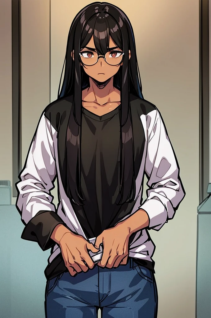 1 MALE WITH PERFECTLY ROUND GLASSES, BROWN SKIN TONE, SKINNY BODY, SOUTH ASIAN, BLACK HAIR, WOLFCUT HAIR, LONG HAIR, BANGS, HAIR DOWN, HAIR COVERING FOREHEAD, BLACK SHIRT, GAMER, LONG SLEEVE