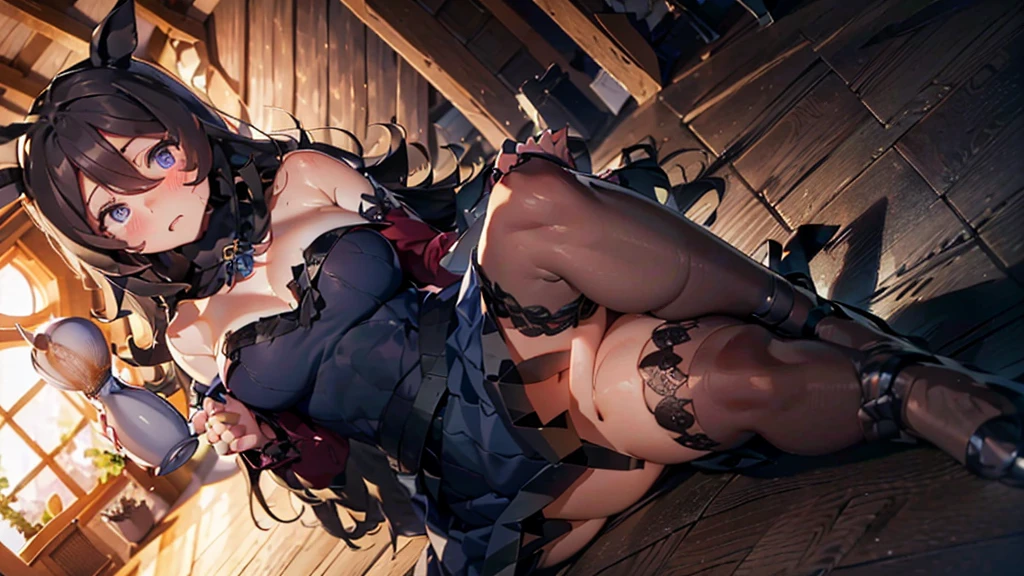 (best quality, 4K, high resolution, masterpiece:1.2, Extremely detailed),Large ,30 years old girl,solo,black hair,long hair,blue eyes,sad,tears,(drunk,b,sitting,drinking,((Mature sexy ,Black kings,Black tight skirt, Mature sexy body,holdi,counteb,