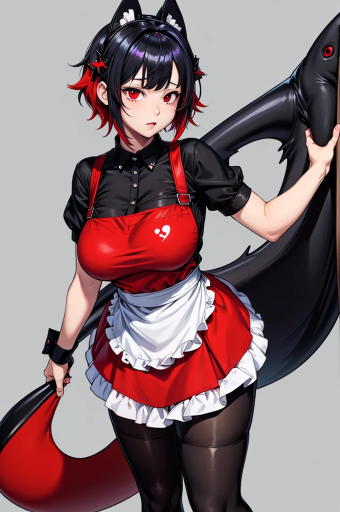 solo,1girl(big breast)(masterpiece, best quality:1.2),Ellen Jo，Zenless Zone Zero，alternate costume ,maid, shark tail, (shark girl:0.5), short hair，black hair，red eyes, tail, pantyhose,multicolored hair, black footwear, short sleeves, apron, wrist cuffs, maidheaddress, stockings, nyantchaellen joe, black hair, red hair，colored inner hair, multicolored hair, (red eyes:1.3), red hair, short hair, two-tone hair,apron, black pantyhose, black shirt, ear piercing,