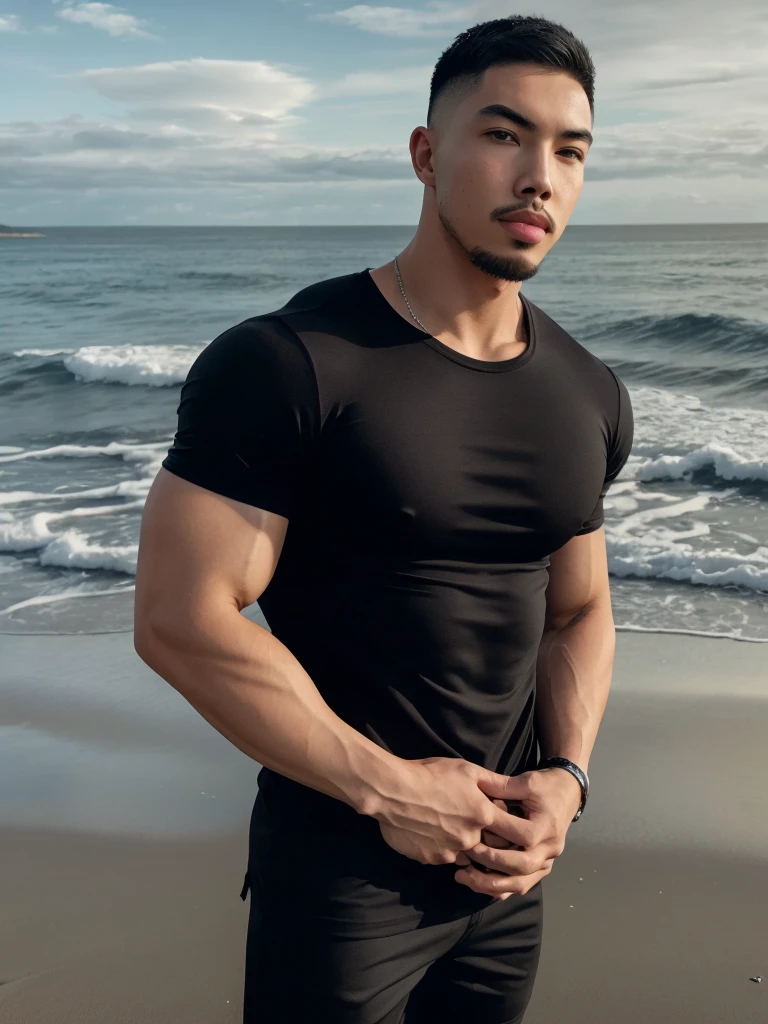 Tony Labrusca, Young man in a tight black t-shirt Standing by the sea with an expression, looking into the distance Turn your head slightly.，Cloudy day, 